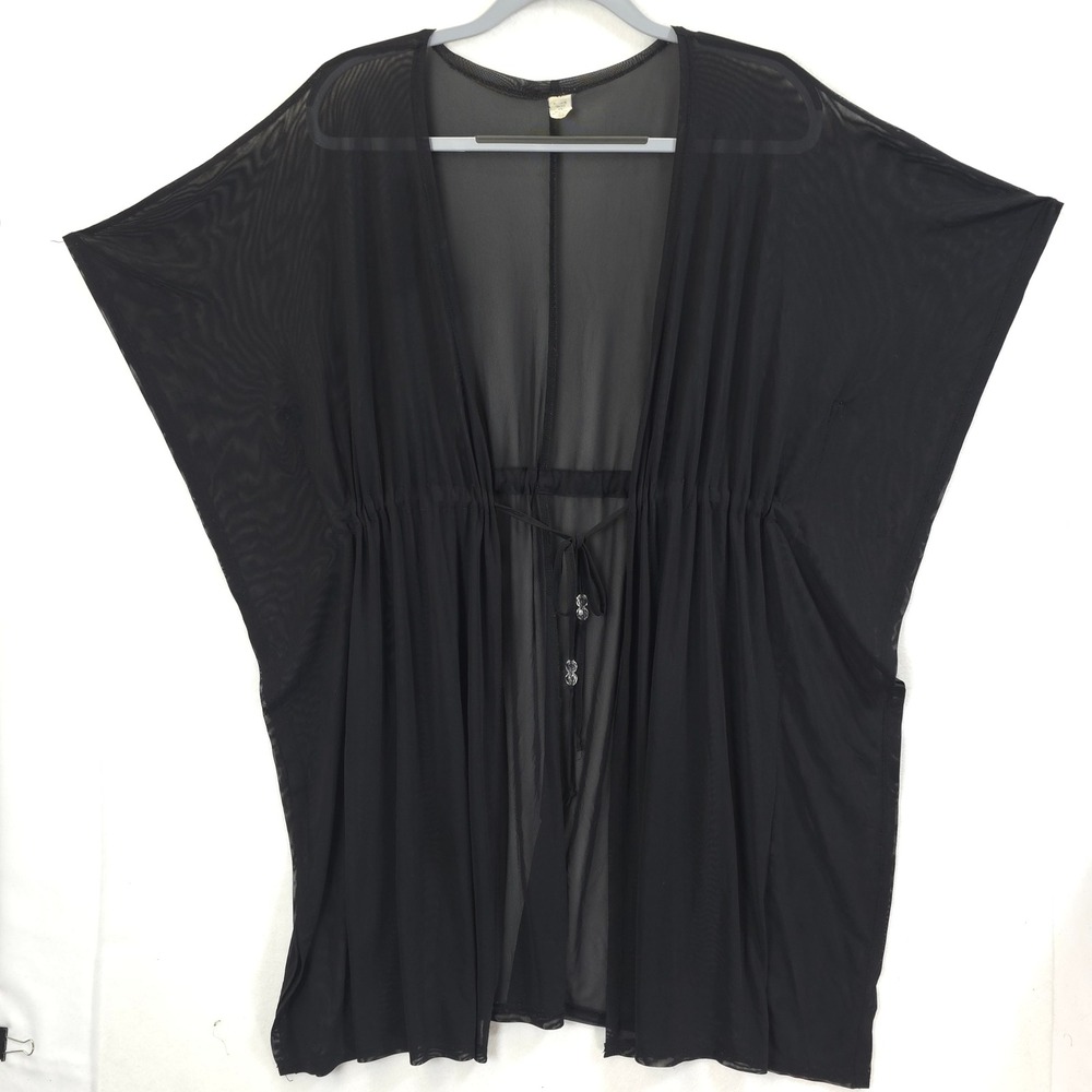 Black Sheer Mesh Kimono Cover Up Women Drawstring Beaded Open Front Robe